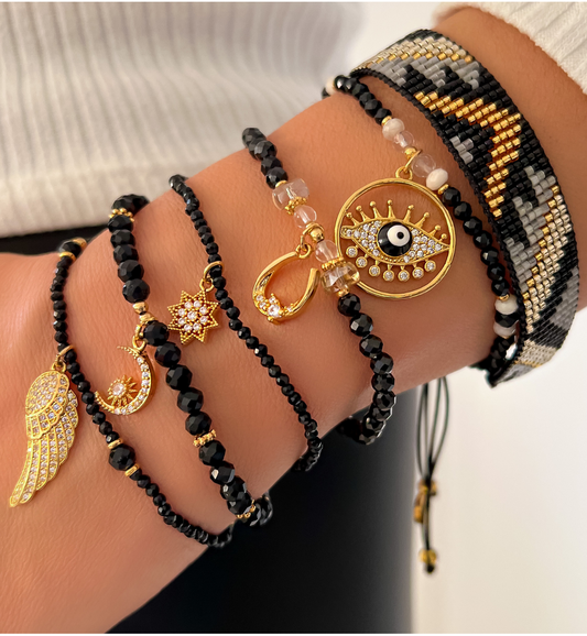 Black Tourmaline Stones Bracelet with Horseshoe Pendant Herradura 1356