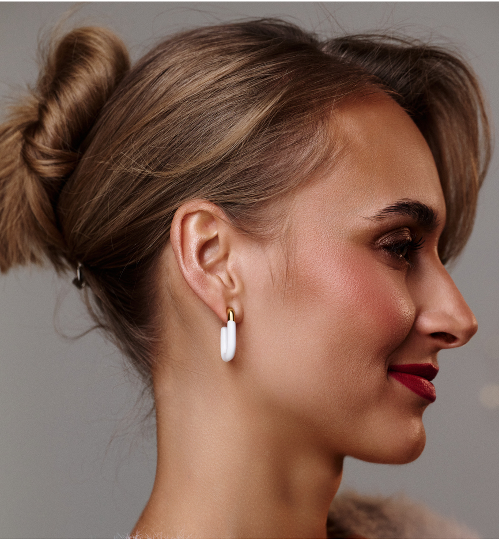 Gold Plated Oval Earrings with White Enamel