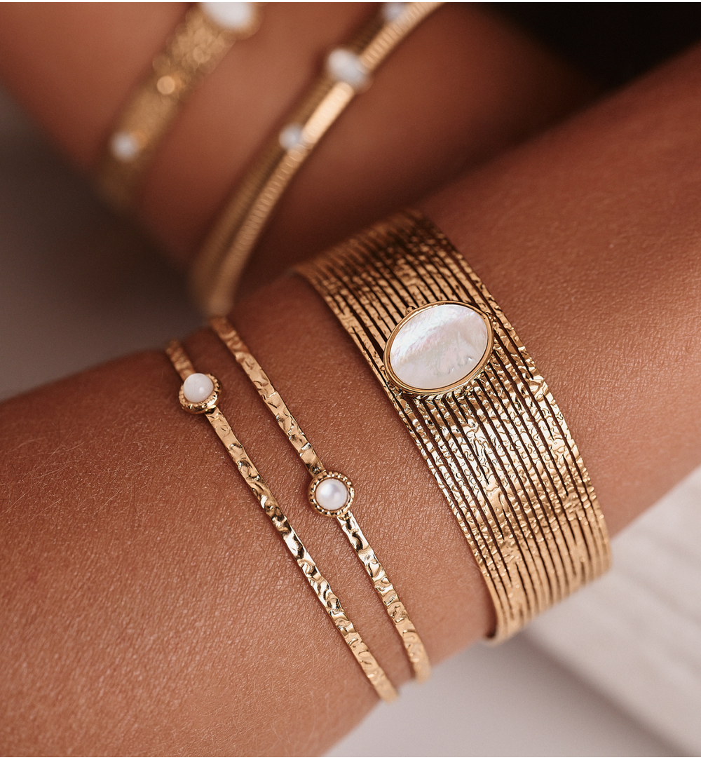 Gold Plated Earth Song Wide Cuff Bracelet with White Pearl