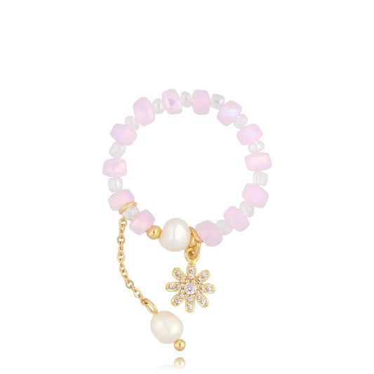 Pink Crystals Adjustable Ring with Pearl and Flower (larger diameter)