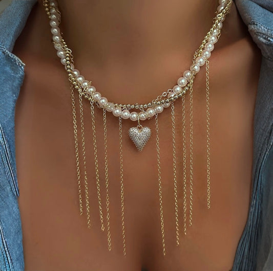 Triple Chain Necklace with Pearls and Zirconium Heart
