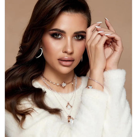 Rose Gold Lariat Milk White Beetle Necklace with White Crystals