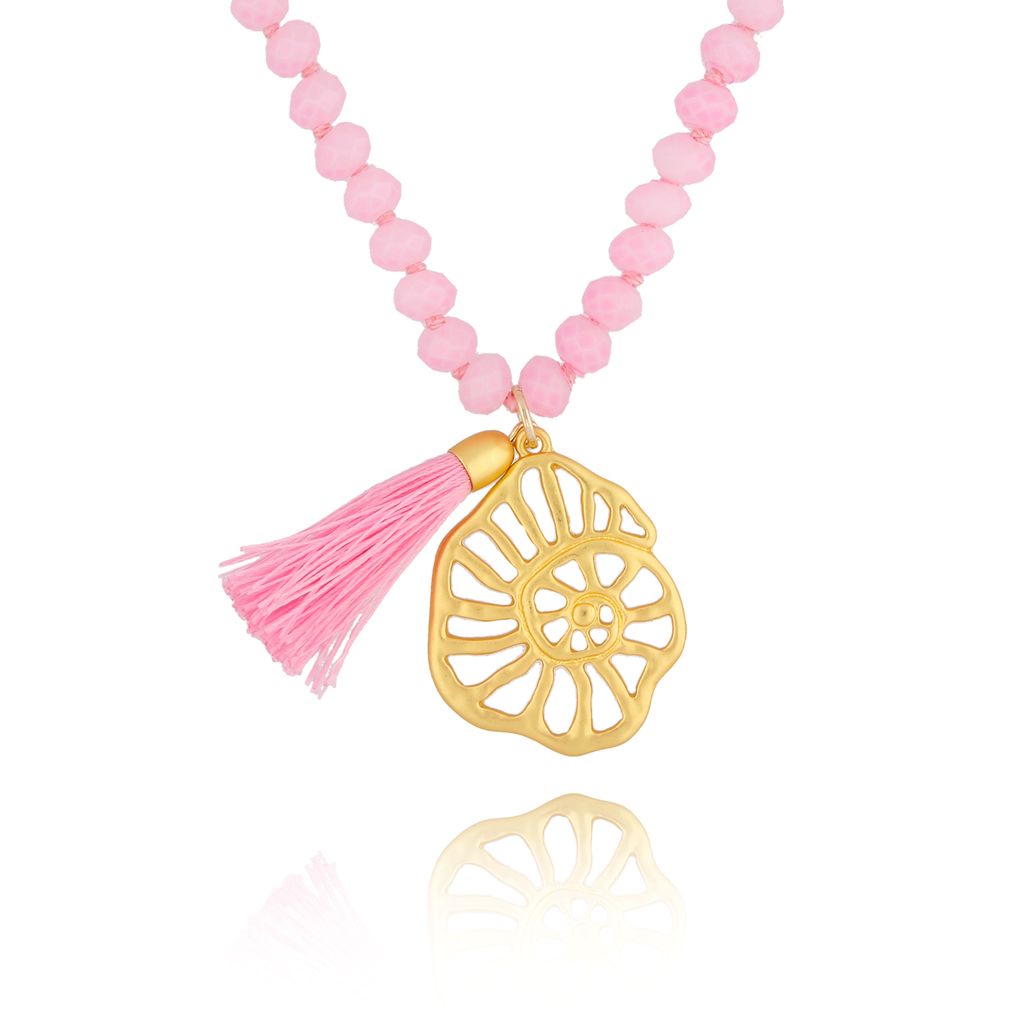 Pink Faceted Glass Crystals Necklace with Shell Pendant