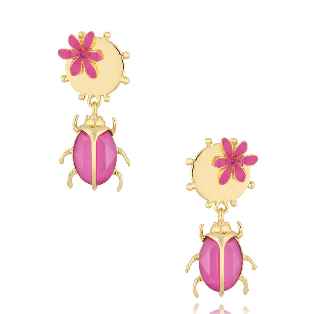 New! ~ Gold Earrings with Pink Beetle Siyo