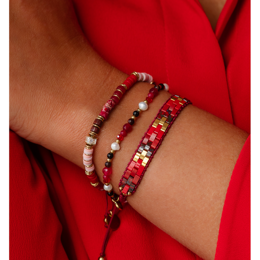 Burgundy Red and Pink Jadeite Stones Bracelet with Crystal