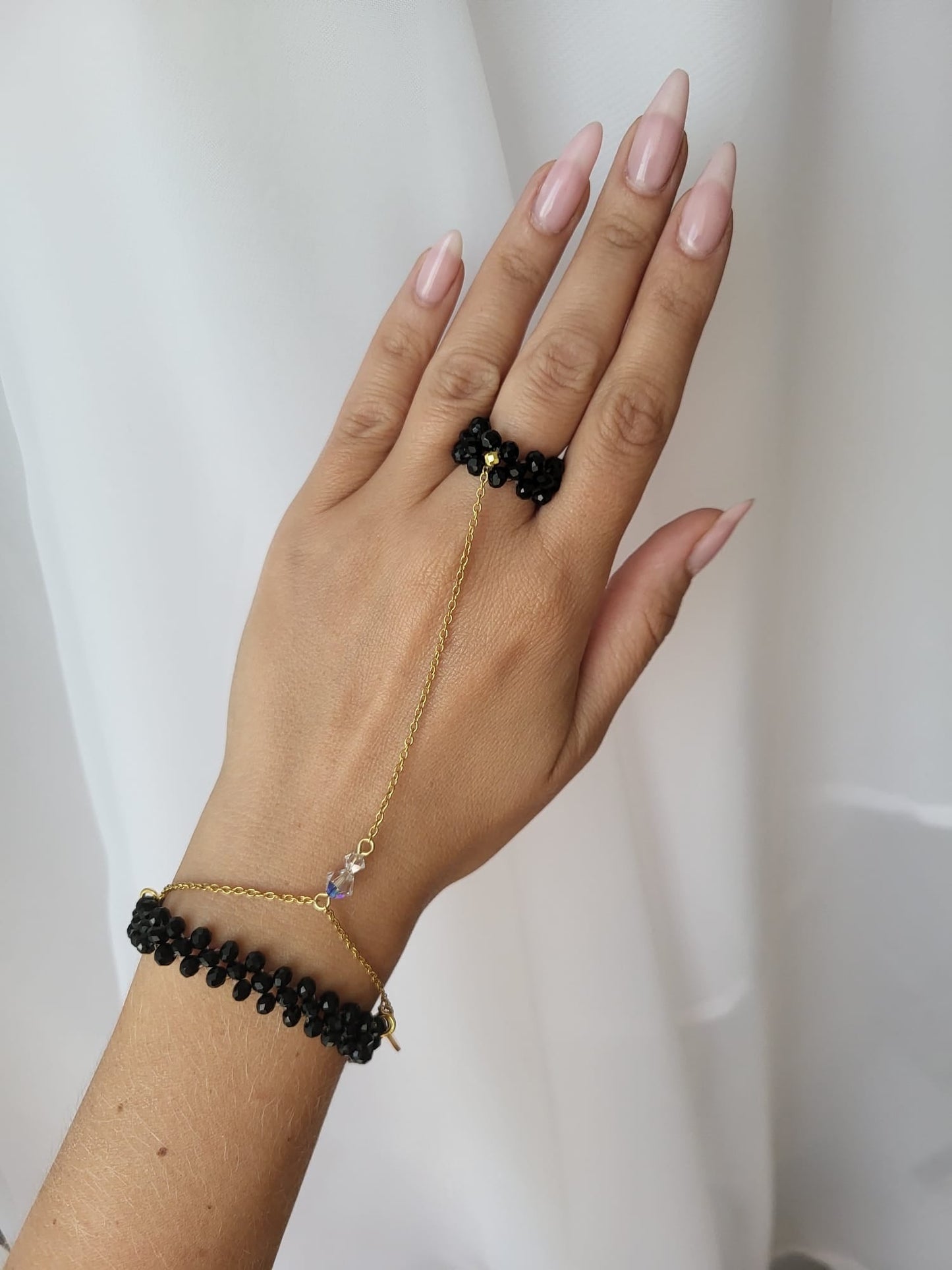 Gold Plated Black Ring Bracelet with Swarovski Crystals