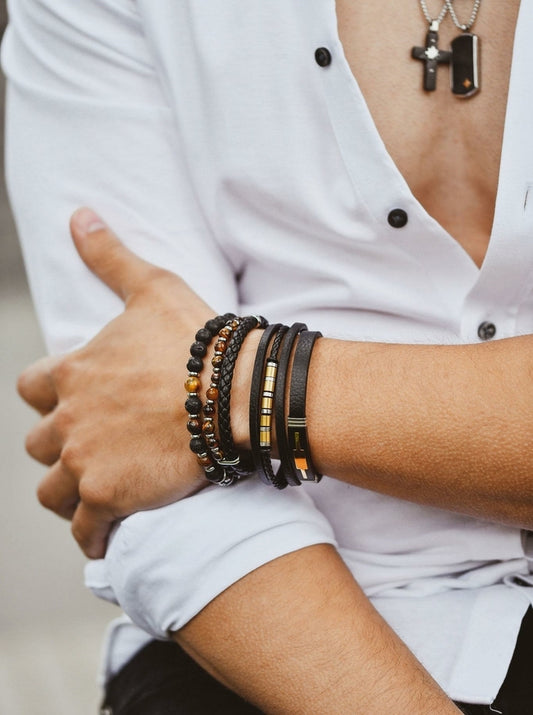 14k Gold Plated Stainless Steel Lava Bracelet with Tiger’s Eye Stones