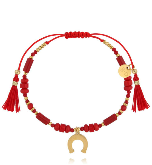 Red Jadeite and Coral String Bracelet with Lucky Horseshoe