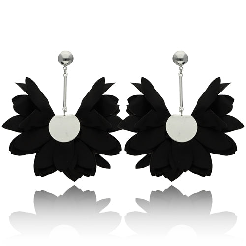 Satin Sunflower Earrings in Silver & Black