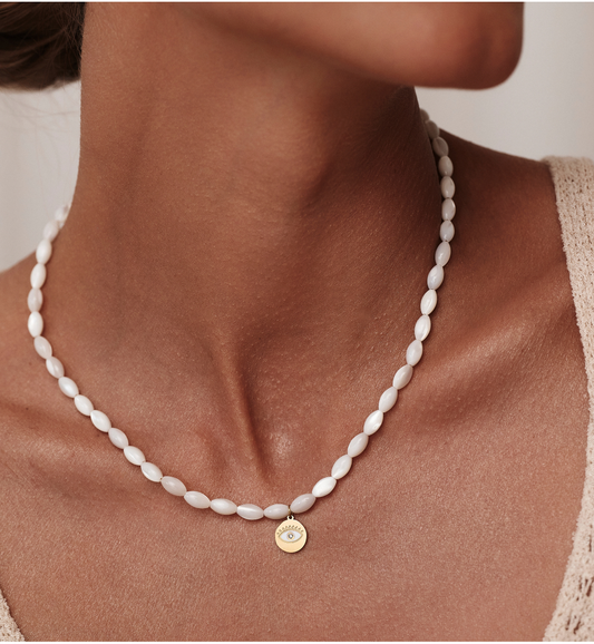 Paradise White Sea Shell Necklace with Evil Eye