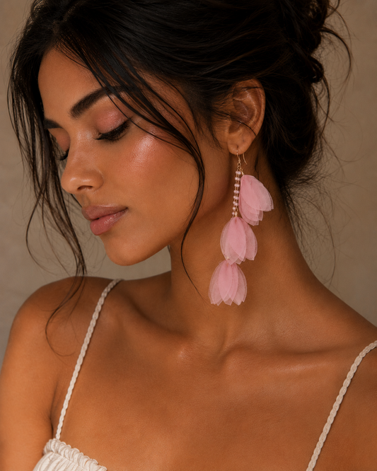 Light Pink Silk Flower Earrings with Beads Tulip