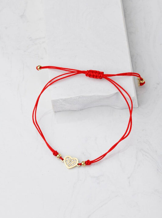 Good Luck Red String Bracelet with Gold Plated Crystals Heart