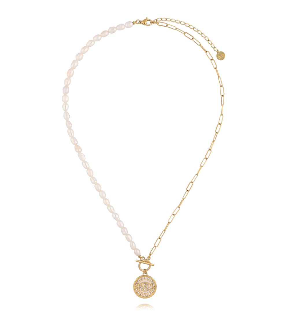 Gold Plated Pearl Sea and Paperclip Necklace with Zirconium Pendant