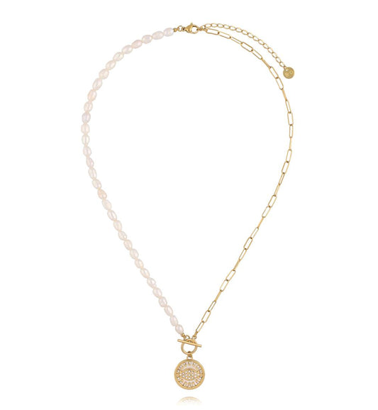 Gold Plated Pearl Sea and Paperclip Necklace with Zirconium Pendant
