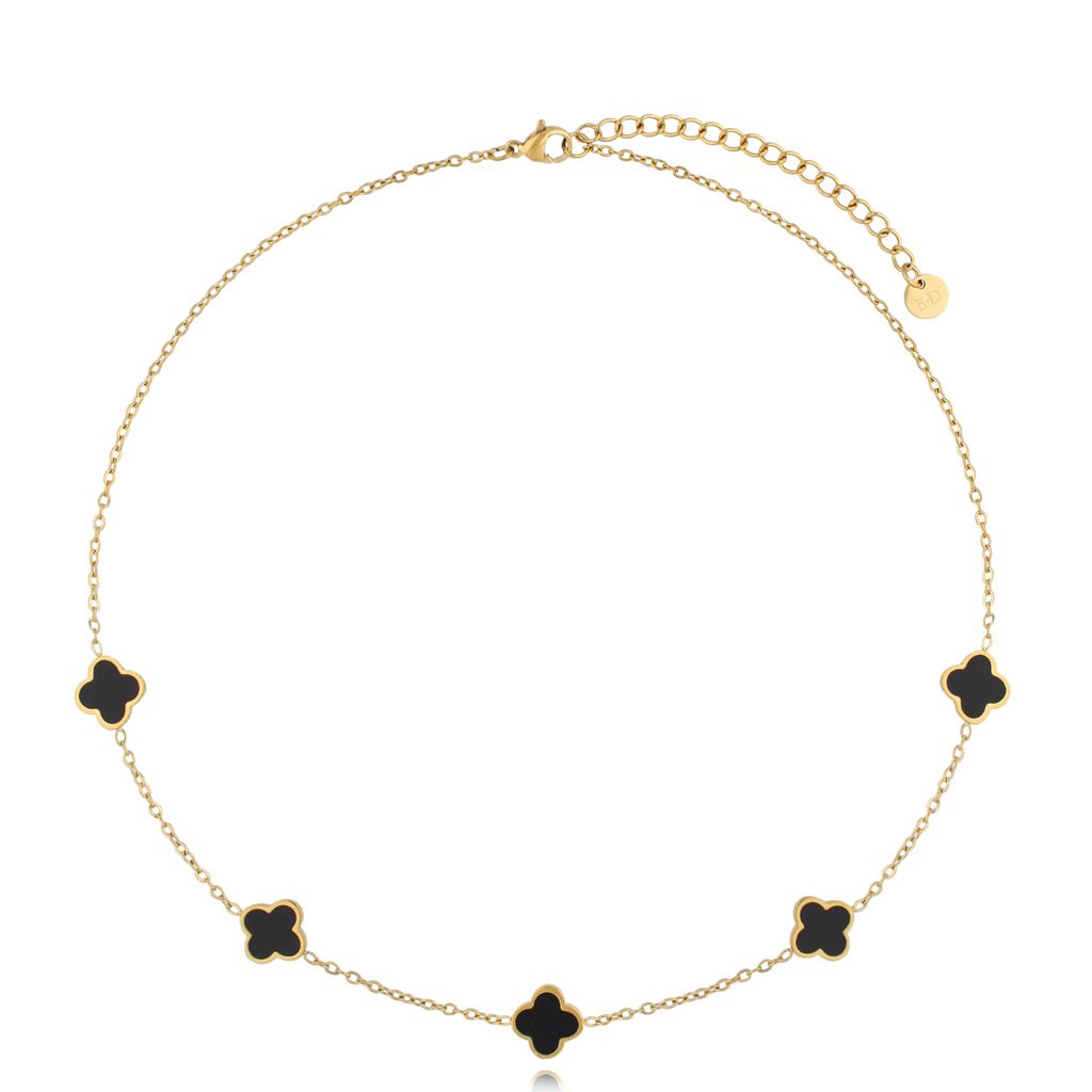 14k Gold Plated Black Enamel Clovers Necklace