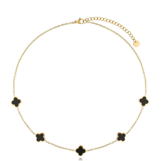 14k Gold Plated Black Enamel Clovers Necklace