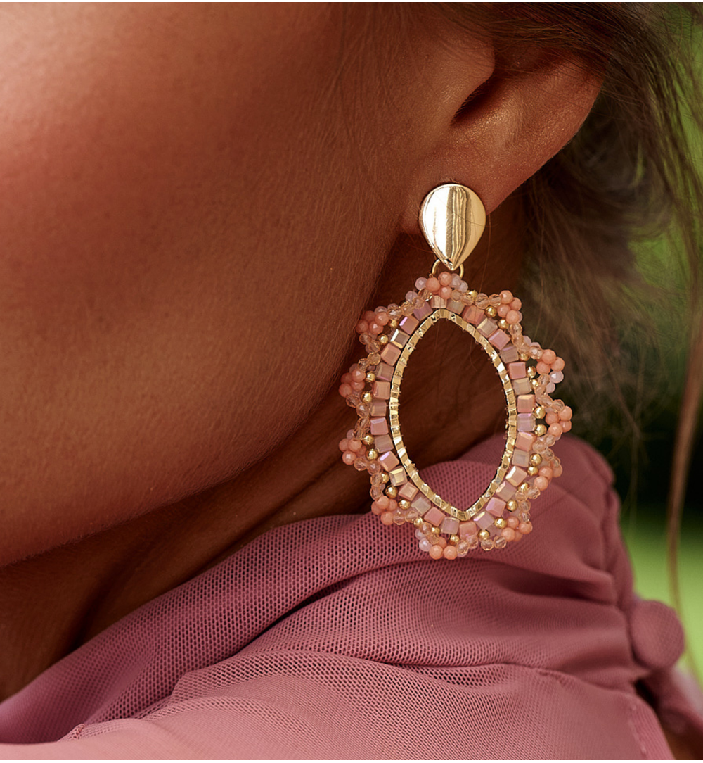 Peach and Beige Pink Flower Crystal Earrings 0323