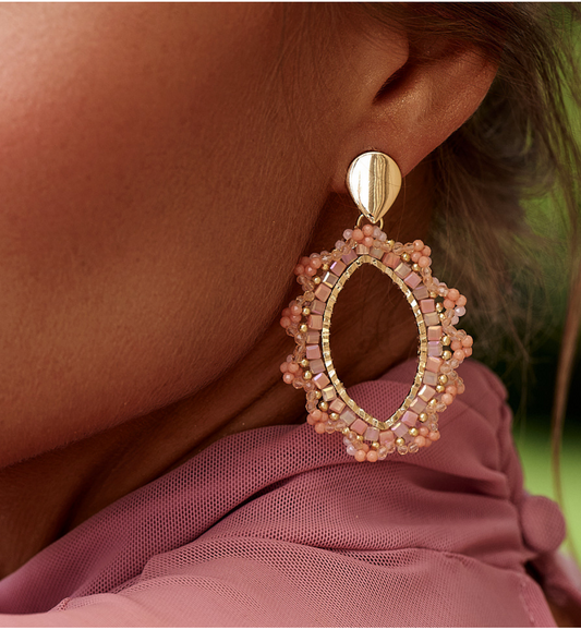 Peach and Beige Pink Flower Crystal Earrings 0323