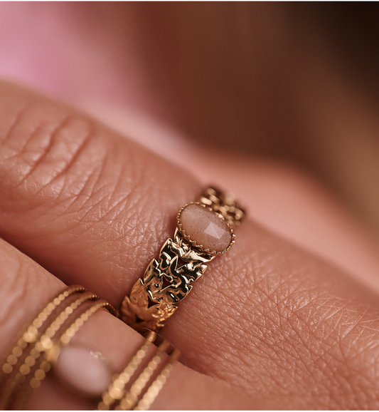 Gold Plated Cuff Adjustable Ring with Rhodonite Stone 0083