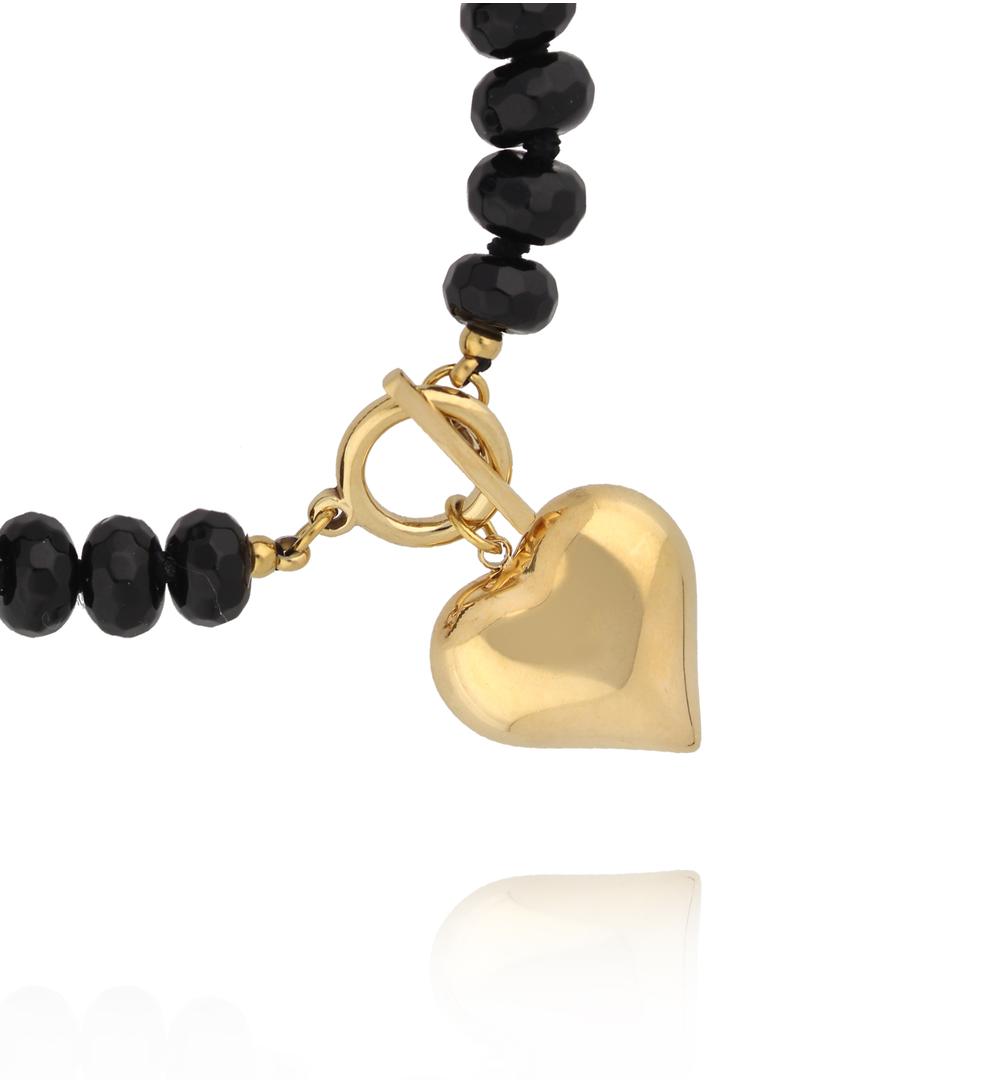 Glam Rock Black Agate Stones Bracelet with Gold Heart