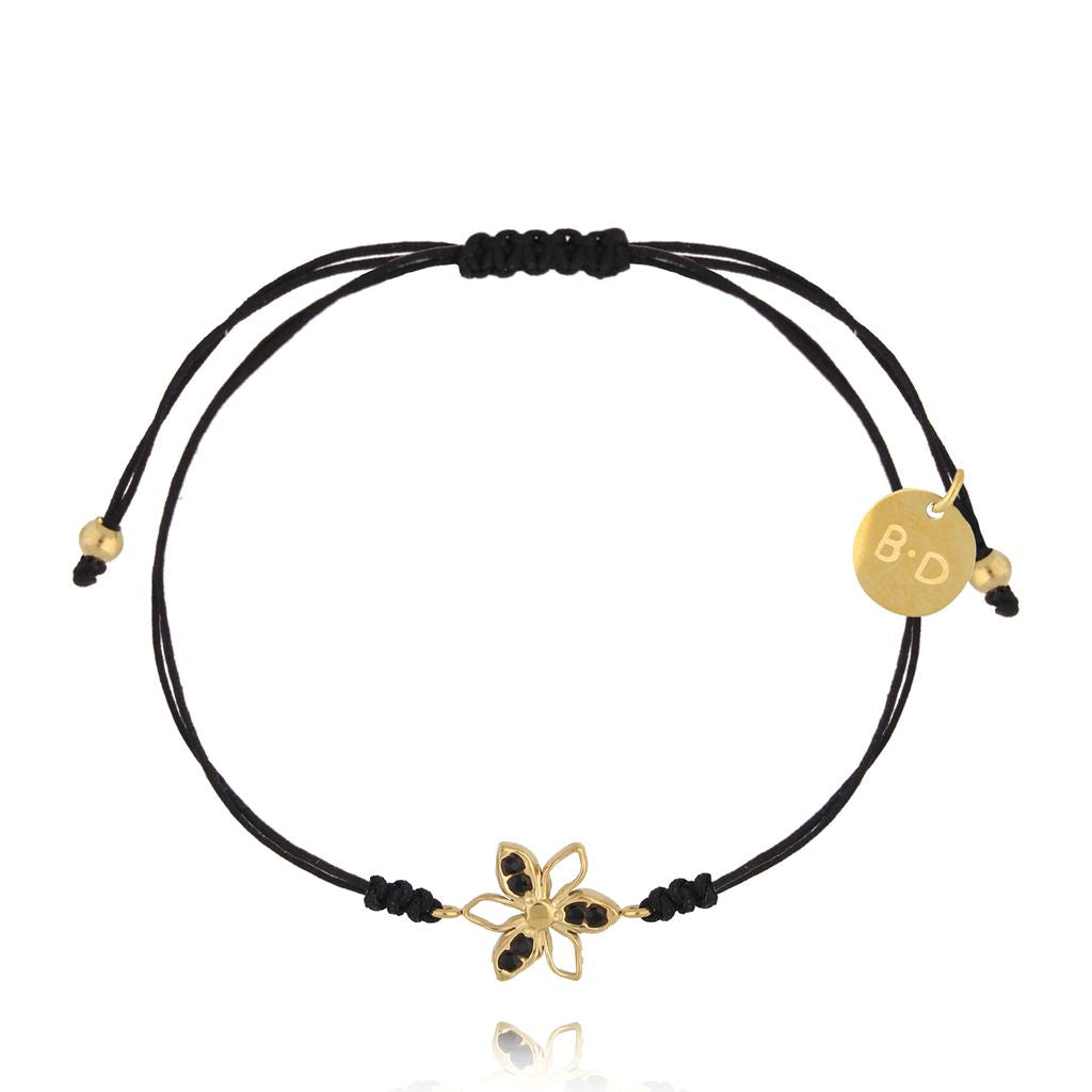 Gold Plated Crystal Flower Bracelet on Double Black String