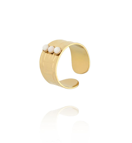 Gold Plated Cuff Ring with Three Pearl Stones 0035