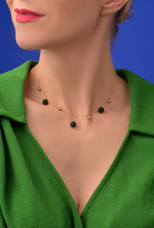 14k Gold Plated Necklace with Black Crystal Balls (CL)