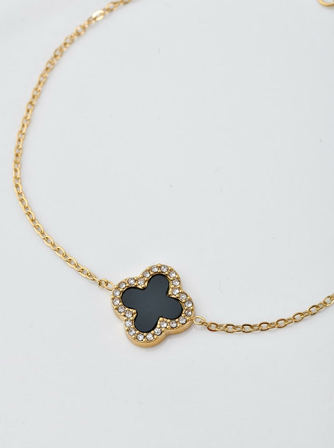 14k Gold Plated Bracelet with Crystal Clover & Black Enamel