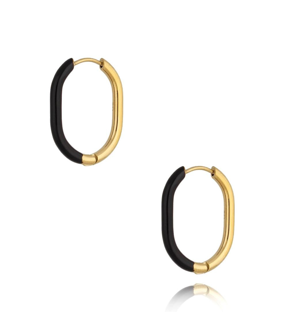 Gold Plated and Black Enamel Oval Earrings