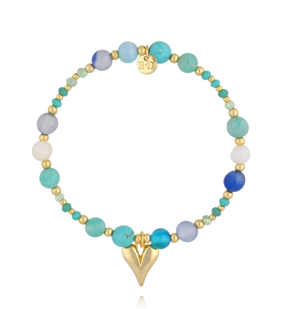 Turquoise, AmazoniteStones Bracelet with Gold Heart Pendant 2376