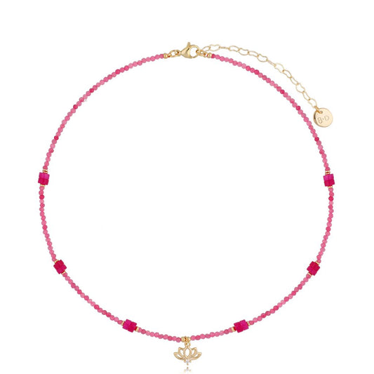 Pink Faceted Glass Necklace with Lotus Flower Pendant