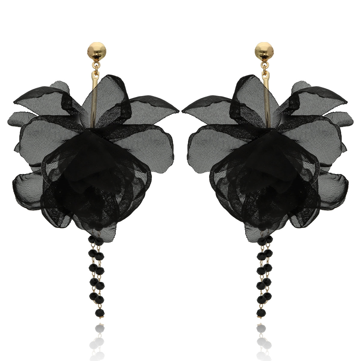 Crystal Drop Flower Silk Earrings in Black