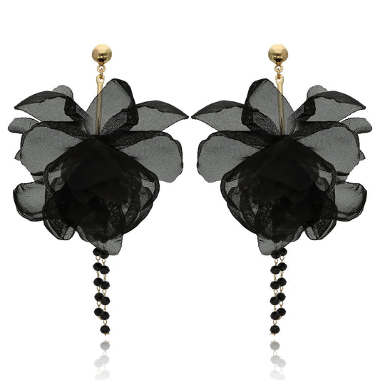 Crystal Drop Flower Silk Earrings in Black