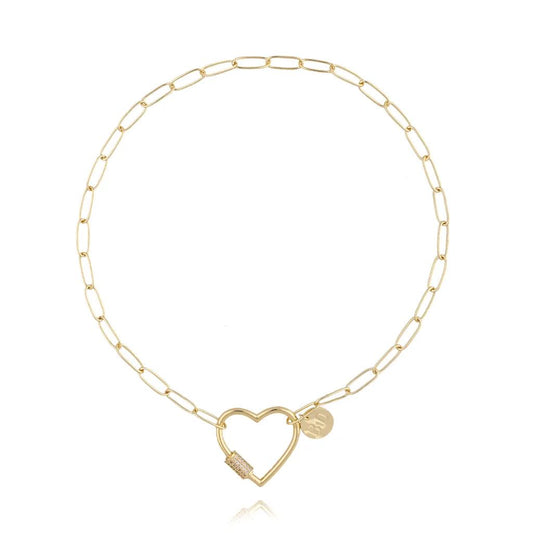 Gold Paperclip Chain Necklace with Crystals Heart Pendant
