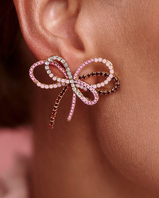 Pink and Burgundy Crystals Triple Bow Earrings