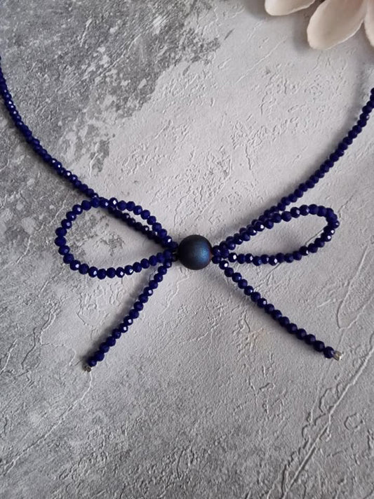 Royal Blue Glass Crystals Bow Necklace