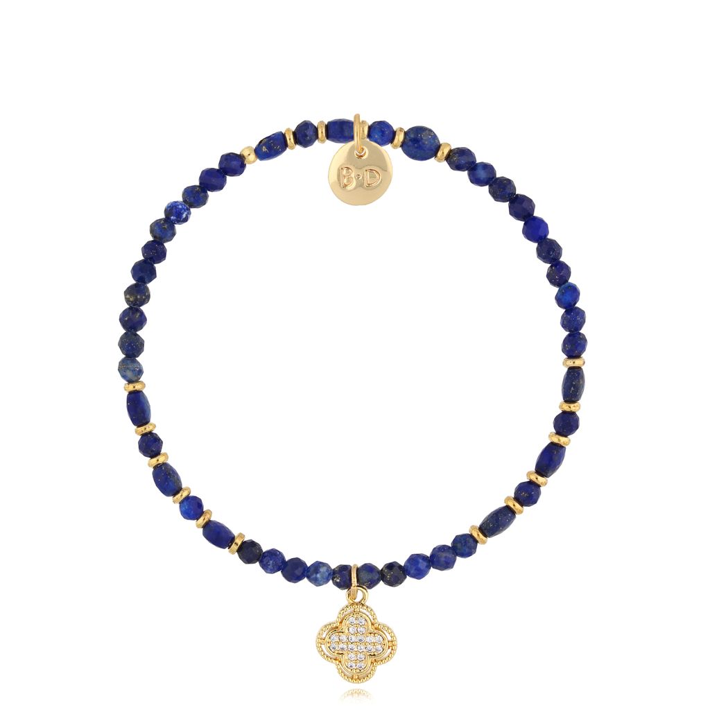 Blue Lapis Bracelet with Crystals Clover Pendant