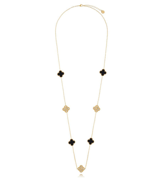 Gold Plated Long Chain Necklace with Black and Crystal Clovers 0413
