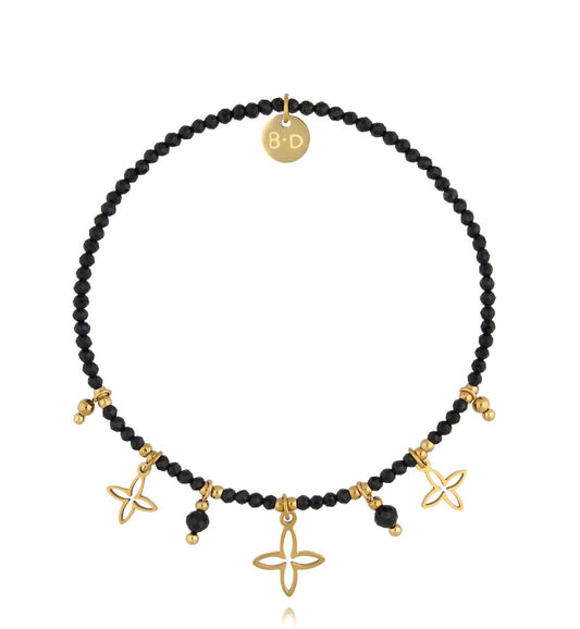 Gold Plated Black Tourmaline Stones Bracelet with Lily Flowers