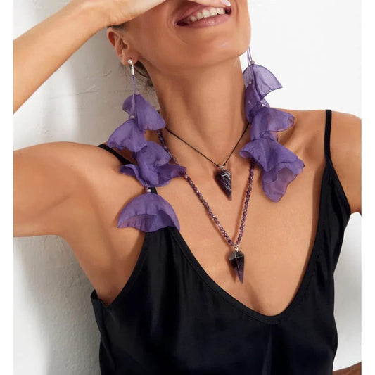 Purple Silk Flower Earrings with Gold Finish 7,5 inch Long