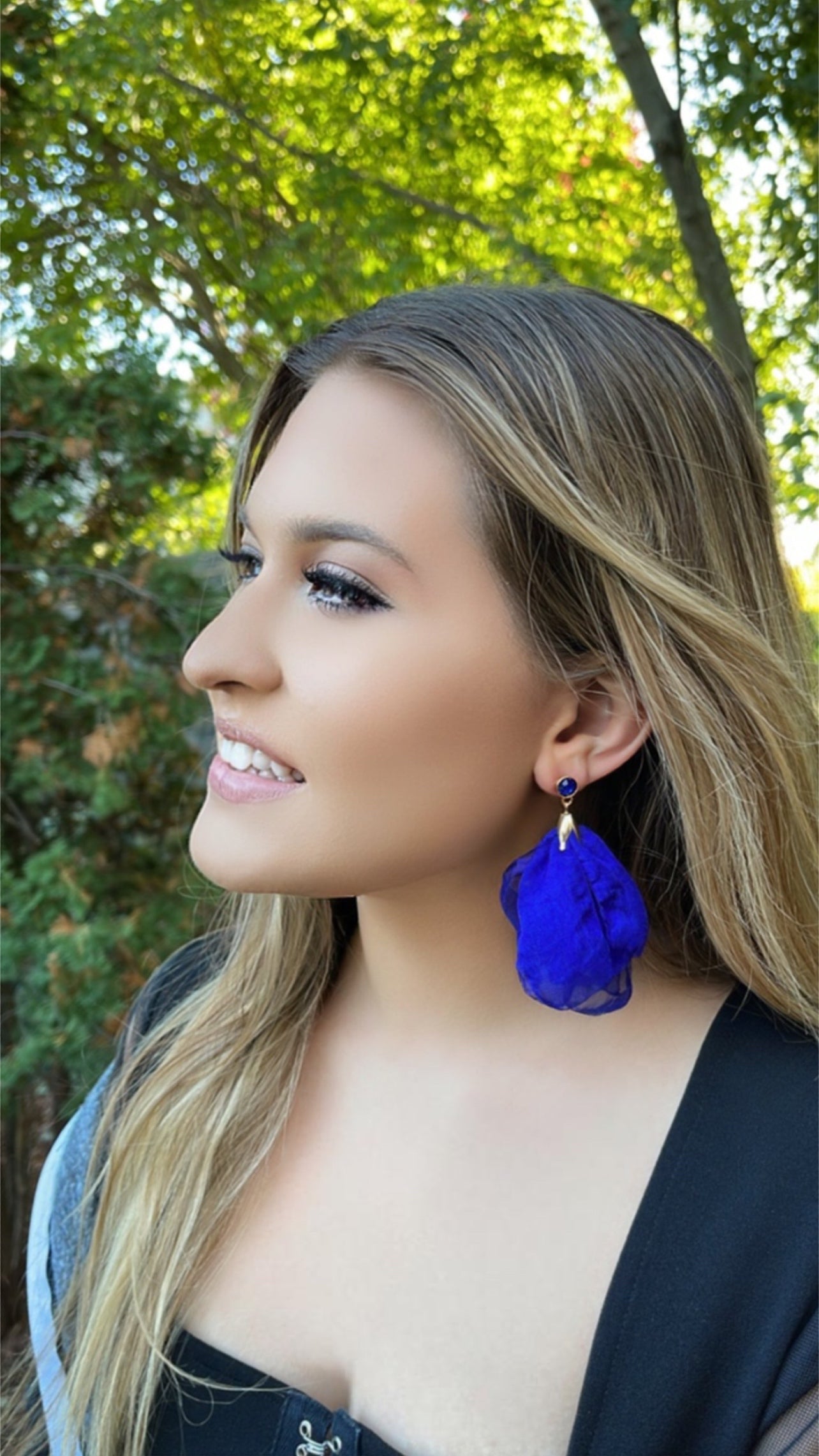 Royal Blue Silk Flower Earrings with Blue Crystal