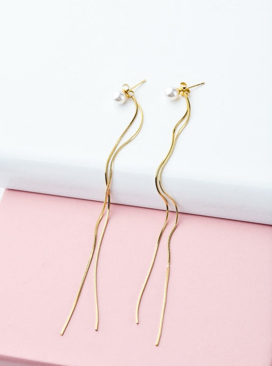 14k Gold Plated Double Snake Chain Earrings with Pearl