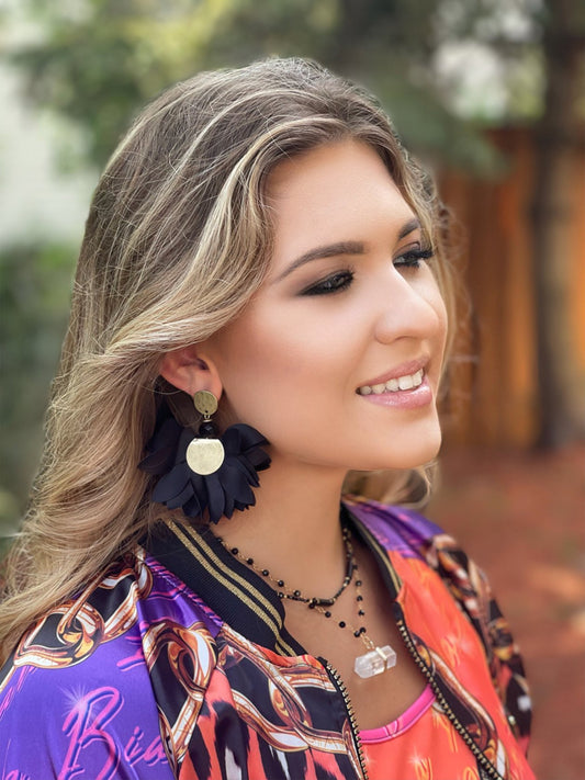 Black with Harvest Gold Finishing Satin Flower Earrings