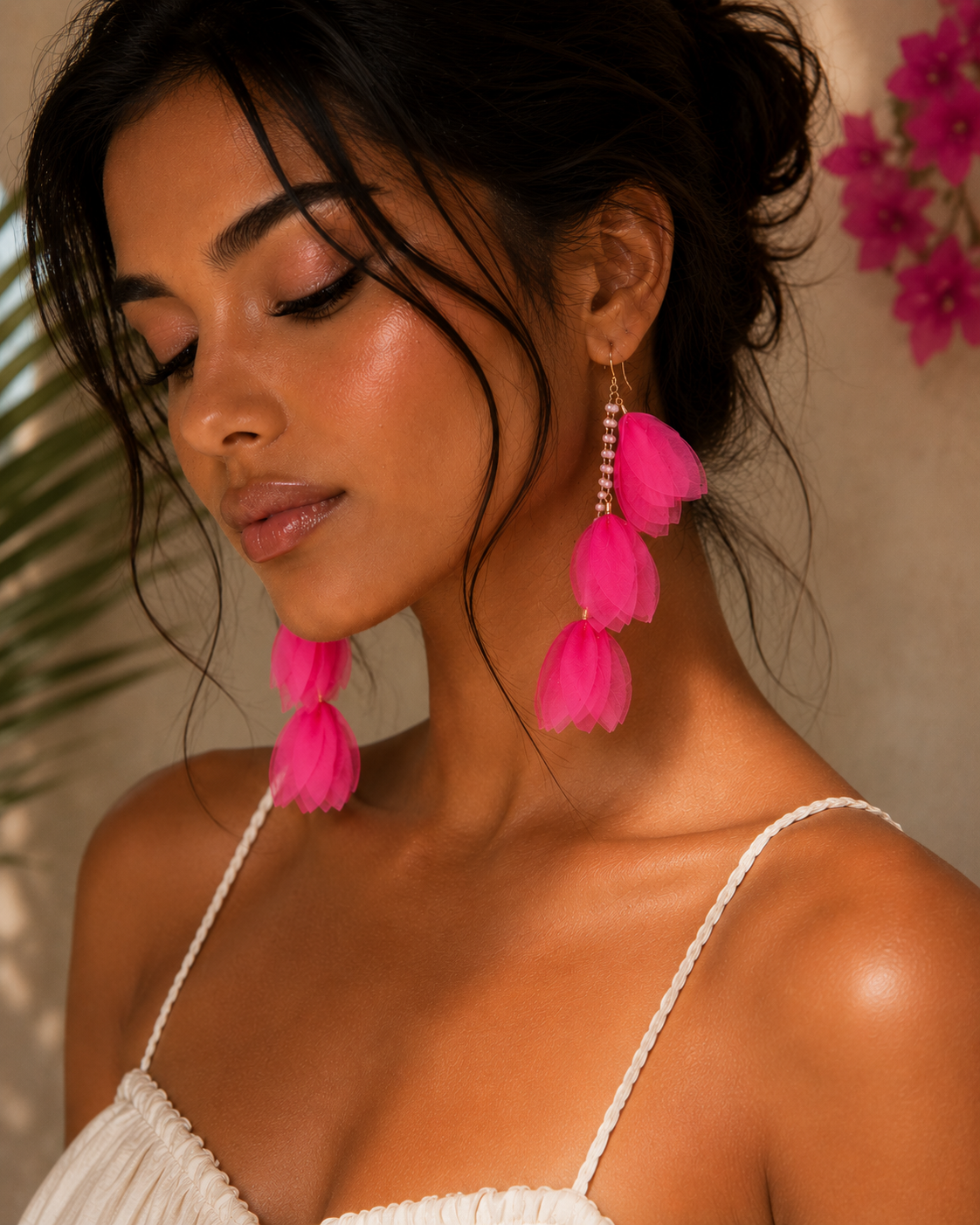 Pink Silk Flower Earrings with Beads Tulip