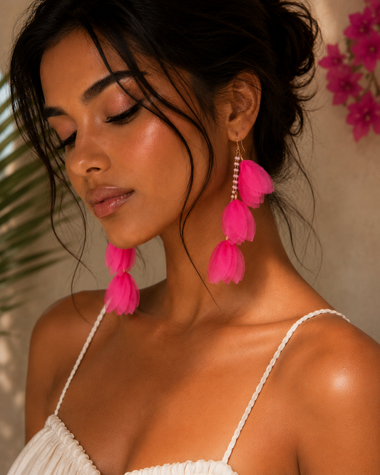 Pink Silk Flower Earrings with Beads Tulip