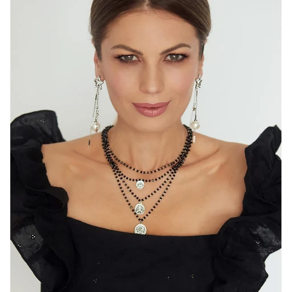 Black Glass Crystals Waterfall Necklace with Gold Coins (CL)