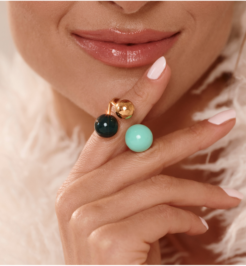Steel and Shine Enamel Bottle Green and Turquoise Balls Ring 1126
