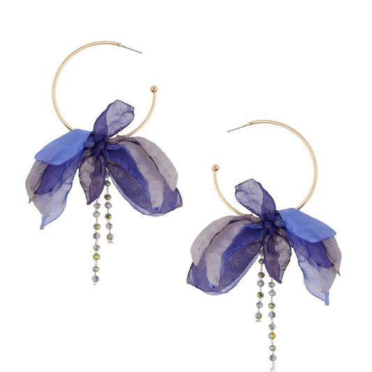 Dark Blue & Gray Silk Flower Hoops Earrings