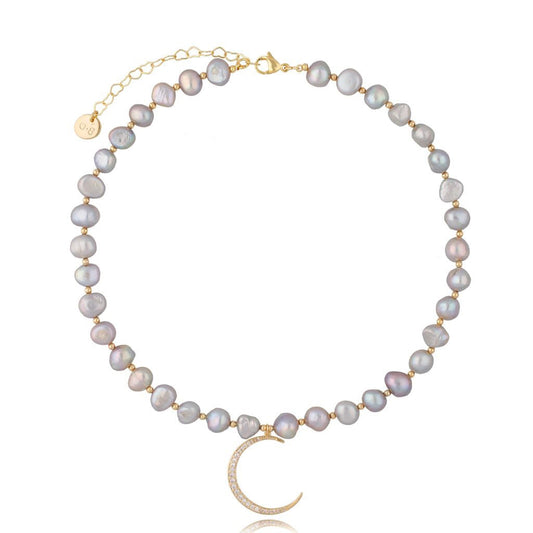 Gray Pearls Necklace with Zircon Moon Pendant