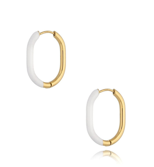 Gold Plated and White Enamel Oval Earrings